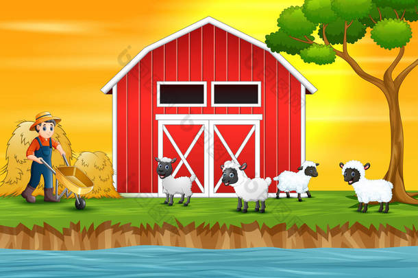 动画片愉快的农夫和绵<strong>羊</strong>在农场