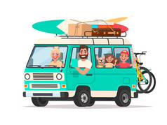 愉快的家庭旅行在旅游面包车与行李和自行车在白色的背景。传染媒介例证在动画片样式
