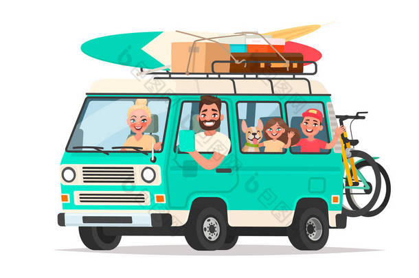 愉快的家庭旅行在旅游面包车与行李和自行车在白色的背景。传染媒介例证在动画片样式