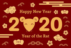 2020年中国新年贺卡, 有老鼠的脸和云, 红色背景上有鲜花和数字。节日横幅的概念 
