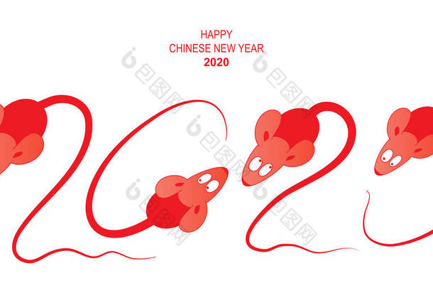 祝贺2020<strong>年中</strong>国新年, 老鼠从其尾巴数字到2020年。河鼠例证在白色背景
