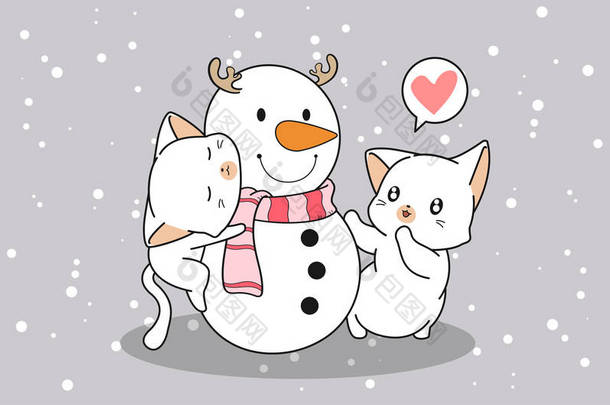 可爱的猫拥抱着雪人