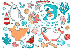 可爱的海洋英雄，有趣的鲨鱼，情感的微笑，在海藻，鱼和动物之间游泳。日本风格的插图集