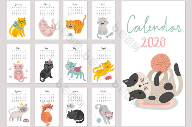 2020年日历。 可爱的<strong>月历</strong>与猫。 不同心情的手绘人物.