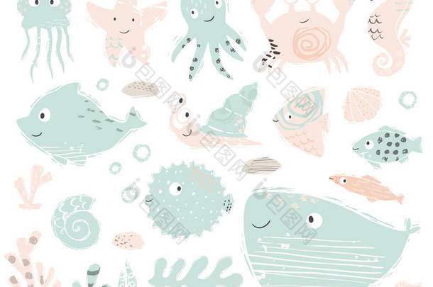 海马, 章鱼, 螃蟹, 蜗牛, 福格鱼, 海星, 鲸鱼, <strong>海豚</strong>, 水母宝宝<strong>可爱</strong>的插图。甜蜜的海洋动物.