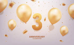 三周年庆祝的背景。 3d带有圆饼和气球的金色数字.