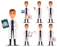 年轻的专业医生在白色外套, 设置