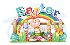 快乐复活节卡与兔子和鸡蛋