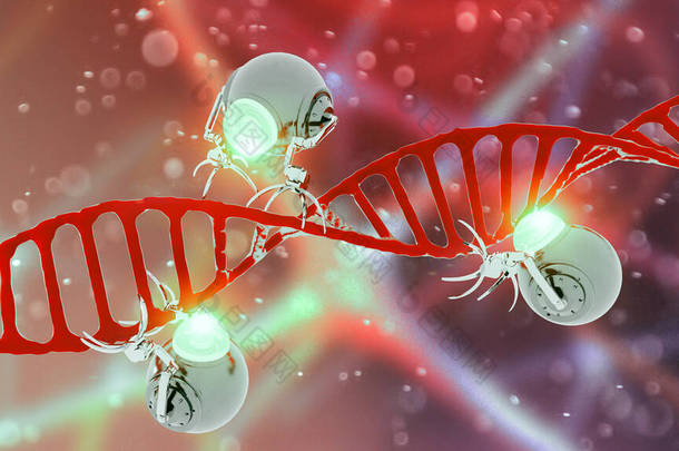 纳米机器人技术（英语：Nanorobotics）是一种新兴的技术领域，它制造的机器或机器人的部件与纳米尺寸相当或相近。纳米技术和纳米医学。3D渲染。药物的未来。能够治疗疾病的技术。Dna helix