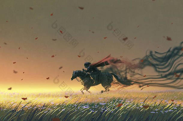 <strong>骑士</strong>骑着马在草地上奔跑，数码艺术风格，插图绘画