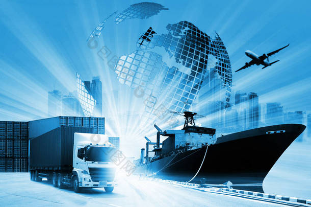 世界物流背景或运输业或航运业、集装箱运输、卡车交付、飞机、<strong>进出口</strong>概念