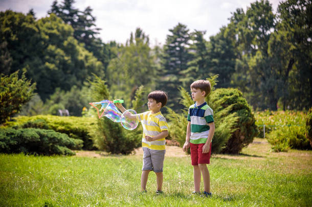 男孩吹肥皂泡，而兴奋的孩子享受肥皂泡。快乐的少年男孩和他的兄弟在公园里享受制造肥皂泡。快乐童年友谊的概念.