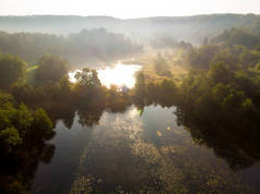 清晨空中俯瞰树木和河流.秋天,雾蒙蒙的森林景色美丽,树叶呈橙色和黄色.立陶宛维尔纽斯的秋天城市公园风景