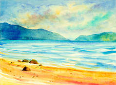 水彩画原色的海景,色彩艳丽的海景,海滩和天空的云彩,晨曦明亮.手绘插图自然美景