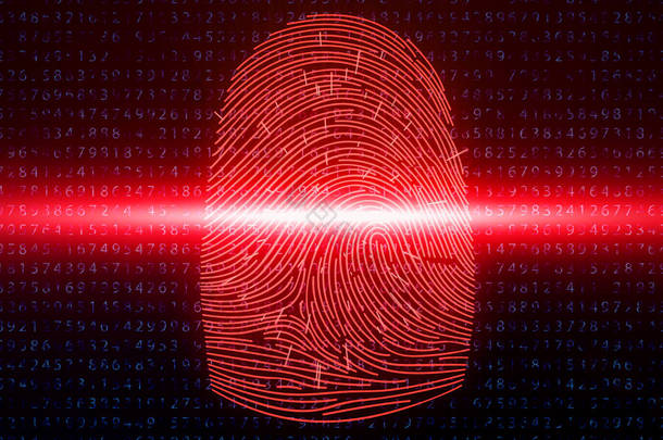 3d 插图指纹扫描提供了安全访问与<strong>生物识别识别</strong>。概念指纹黑客攻击, 威胁。带有二进制代码的指纹。数字安全的概念.