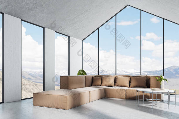 明亮房间中的褐色<strong>沙发</strong>，带有<strong>大</strong>的全景三角形窗户，景观，室内设计理念，3D渲染