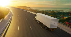 从后视角看运货卡车在公路上行驶，具有日出景观、速递、物流和货运概念。3d渲染.