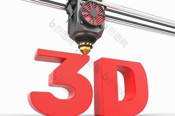在3D打印机头下打印3D字。适合3D打印技术和字母表主题。3d说明