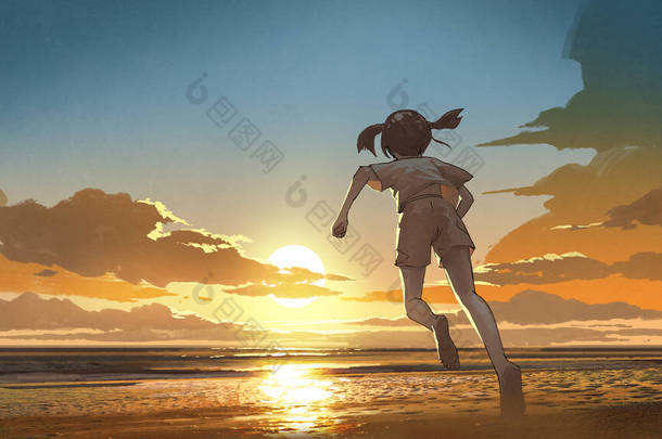 日出时赤脚跑到海滩上的女孩，数码艺术风格，插图绘画