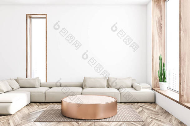 宽敞的客厅内部有白色墙壁、木地板、白色长<strong>沙发</strong>, 靠近圆形咖啡桌和<strong>大</strong>窗户。3d 渲染