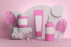 粉红收集化妆品管，罐子，瓶子在石质基座上与粉红色的紫丁香叶和花瓣。3d说明.