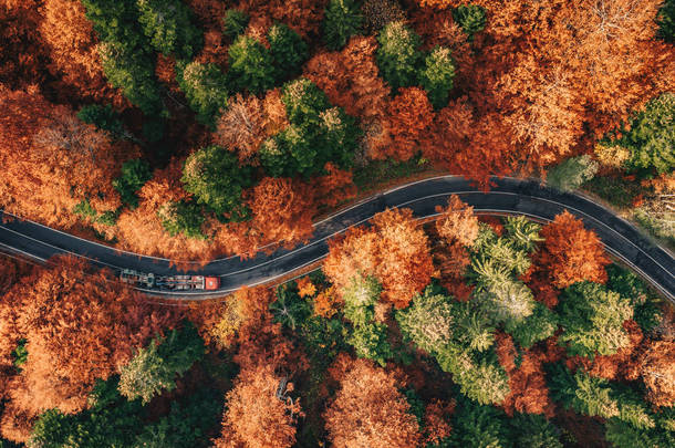 在秋天的森林中蜿蜒的道路与卡车在<strong>路上</strong>