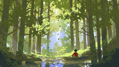 男孩划船在河里穿过森林，数码艺术风格，插图绘画