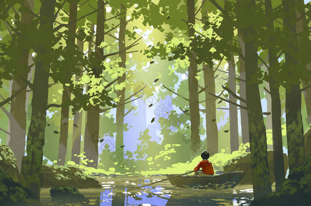 男孩<strong>划船</strong>在河里穿过森林，数码艺术风格，插图绘画