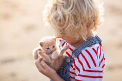 抱着小猫的小女孩儿童和宠物