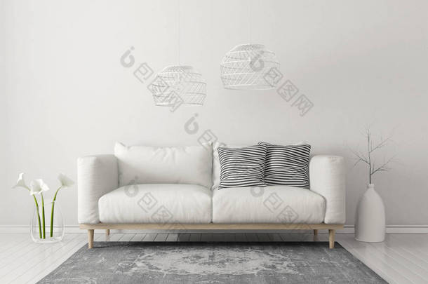 现代客厅有白色的沙发和灯。斯堪的纳维亚室内设计<strong>家具</strong>。3d 渲染插图