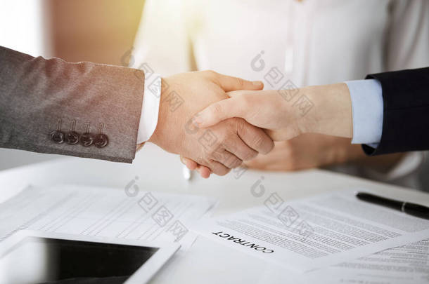 <strong>商务人员</strong>握手，在阳光明媚的办公室签合同，特写镜头。握手和营销