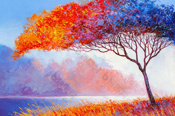 油画风景,五彩缤纷的抽象树.手绘印象派.