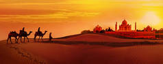 印度日落沙漠中的泰姬陵和骆驼商队全景