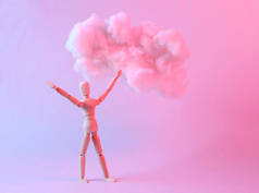 木制梦幻木偶和漂浮在蓝色粉红霓虹灯渐变灯光下的蓬松云彩。创意。概念艺术。简约主义超现实主义