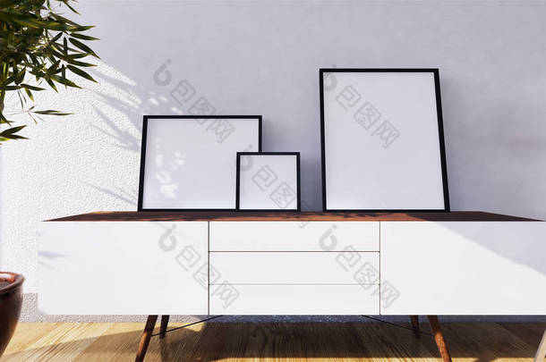电视柜在现代空房间日本风格，最小的设计. 