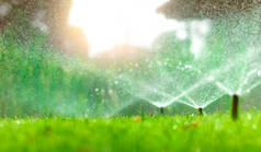 自动草坪洒水器浇灌青草.喷射器与自动系统。花园灌溉系统浇灌草坪.可调水头洒水系统节水或节水.