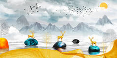三维现代画布艺术壁画壁纸景观湖泊背景。金鹿，圣诞树，灰色的山，有云彩和鸟儿的太阳。适于用作墙壁上的框架 .