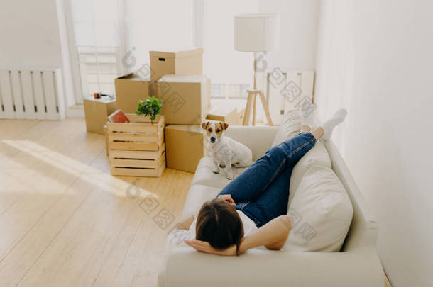 放松女人的室内镜头与心爱的宠物一起躺在沙发上，搬到新出租的公寓里，把纸盒和灯堆在旁边。 女房东很高兴有了新家。 搬迁