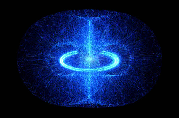 高能粒子流经托卡马克或<strong>甜甜圈</strong>形状的装置。反重力、磁场、核聚变、重力波和时空概念