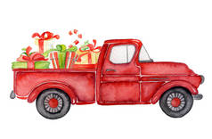 红色圣诞卡车礼物新年水彩插图