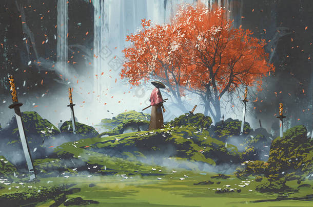 武士站在瀑布花园，手中拿着<strong>剑</strong>，数码艺术风格，画图