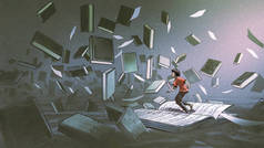 男孩站在打开的书架上，看着其他的书籍飘扬在空中，数字艺术风格，插图绘画