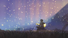 一个小男孩在草地上弹奏吉他，看着美丽的天空，数字艺术风格，插图绘画