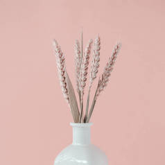 在白色的花瓶粉色小麦小穗的花束