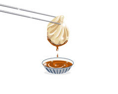 筷子上夹着一个蒸熟的饺子,然后从蘸酱中提上来.白色背景下的真实亚洲食物图解.