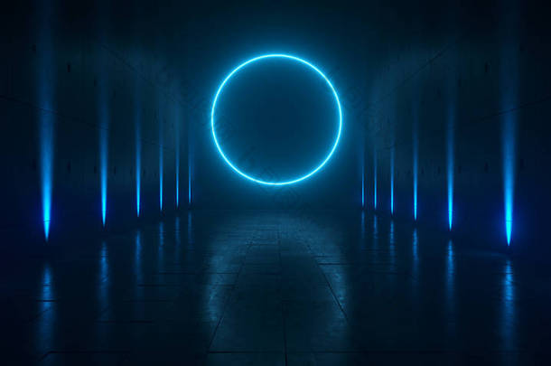 空黑暗<strong>未来科幻</strong>大厅室与灯和圆圈形状的霓虹灯在 Refelction 表面3d 渲染插图