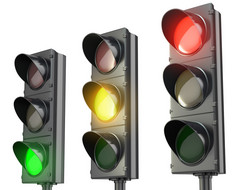 三个交通灯号、 红色、 绿色和黄色