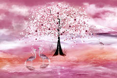 春天世界的粉色池塘里有三只苍鹭