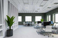 时尚的开放式办公室的内部，有白色和灰色的墙壁，白色的瓷砖地板和一排电脑桌。3d渲染