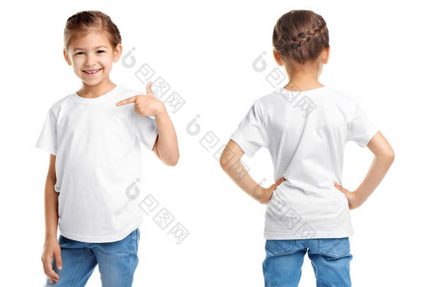 在白色背景的空白 t恤衫的小女孩正面和背面的看法。设计样机
